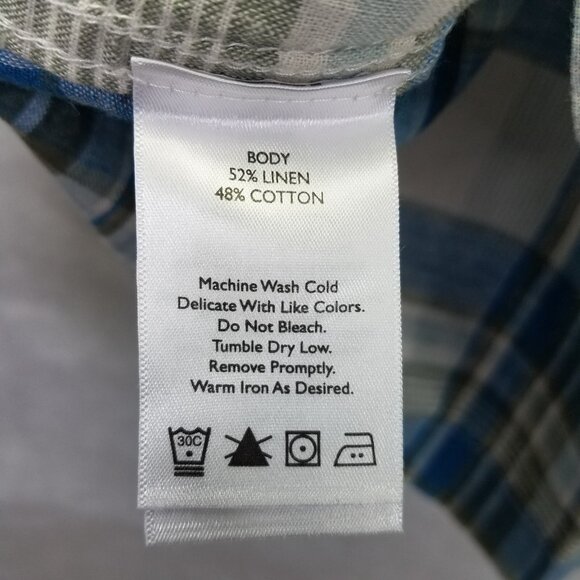 Eddie Bauer Camp Shirt Men's XXL Plaid Short Sleeve Button Up Blue Linen Cotton - Picture 15 of 16